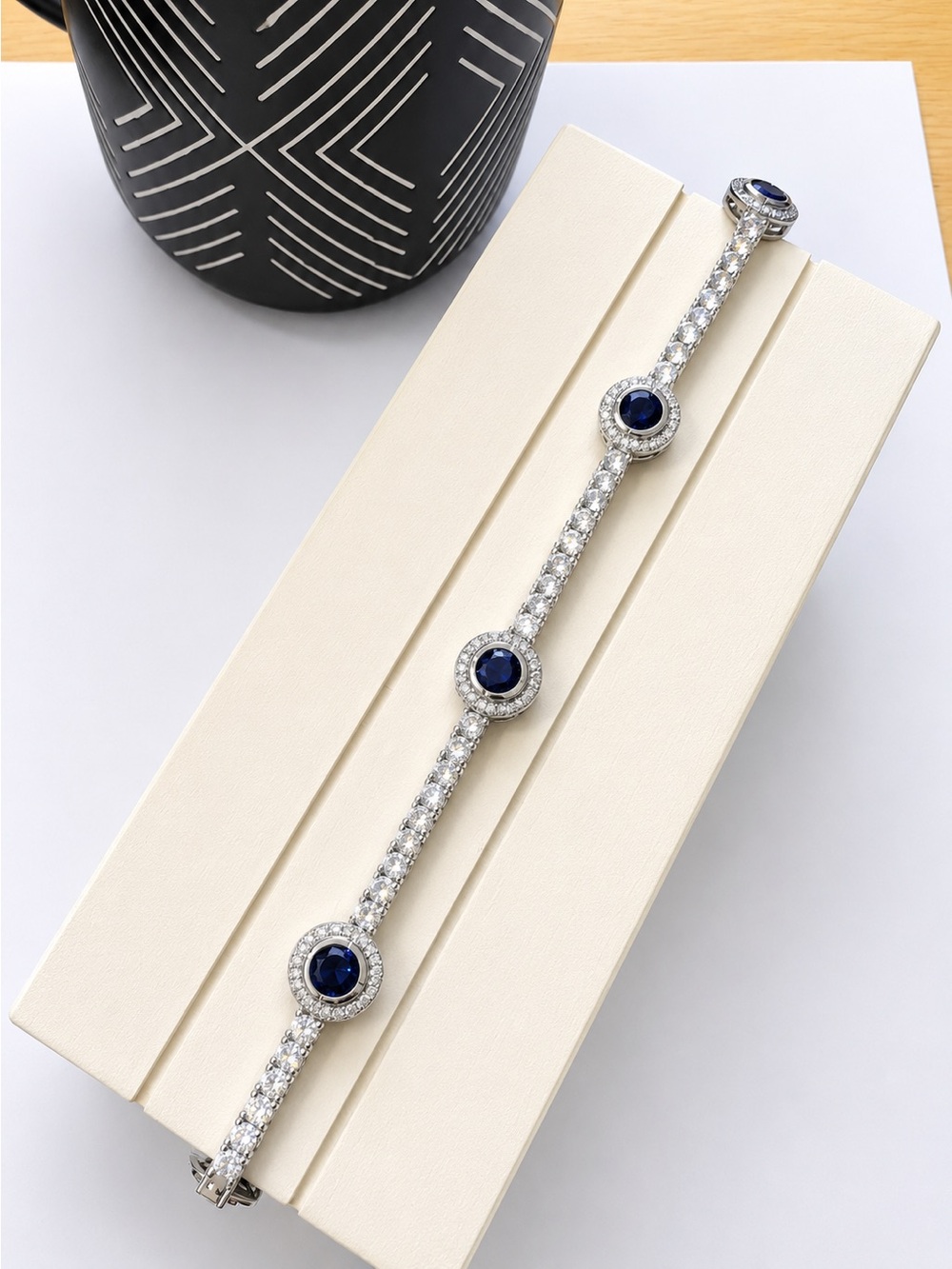 925 Sterling Silver Blue Sapphire wnd Cubic Zirconia Tennis Bracelet Size 7” - Picture 13 of 16